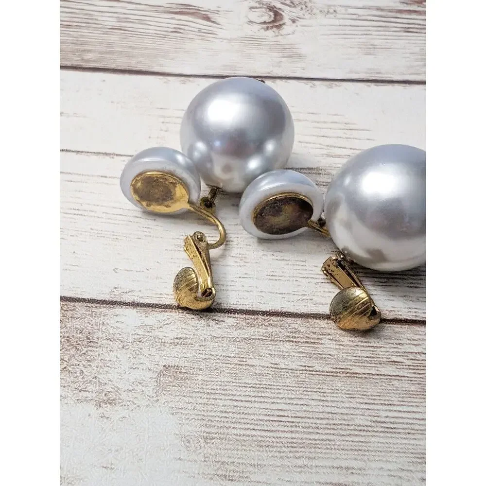 Vintage Clip On Earrings - Metallic Silver Tone Duo Ball Dangle